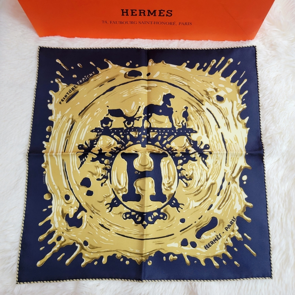 Authentic HERMES Carre Peinture Fraiche Scarf 45cm Bleu Noir Bronze Women New
